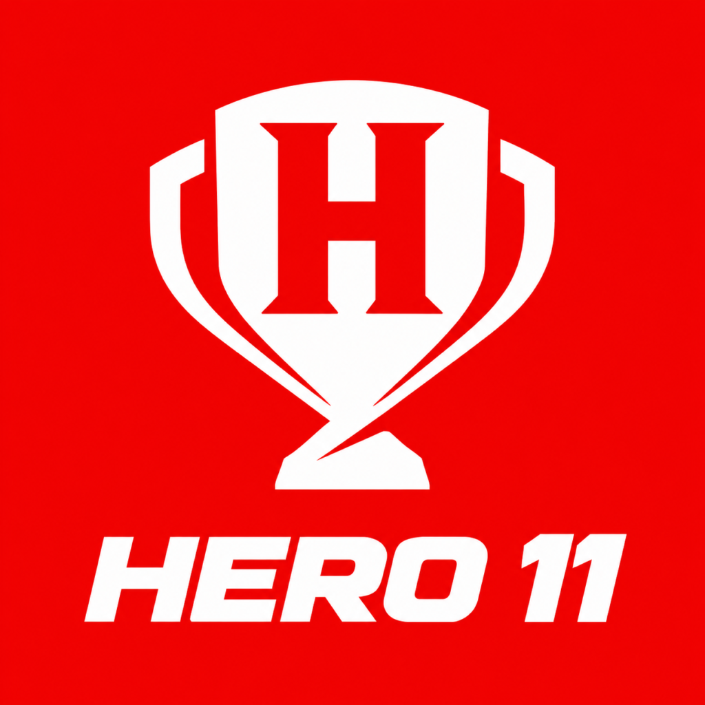 Hero11 Game logo with a red background and white trophy design.