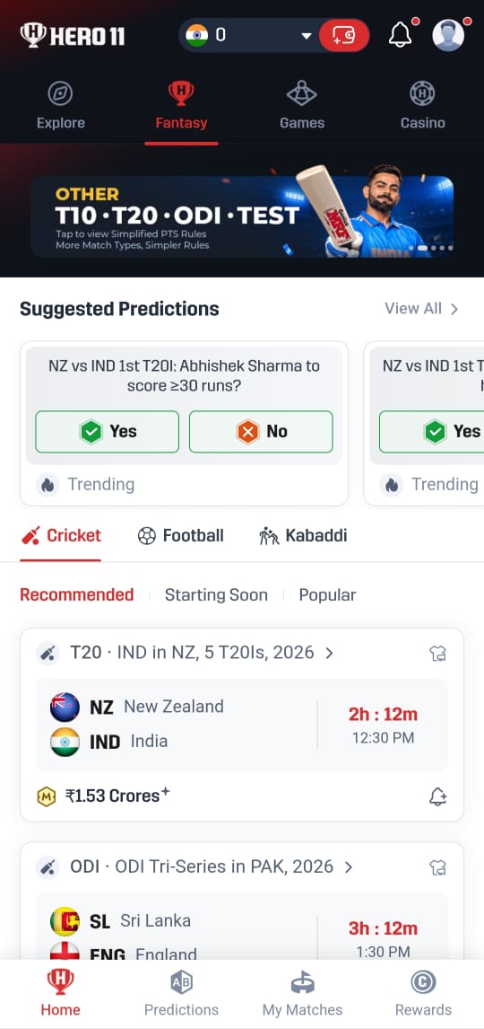 Hero11 Fantasy dashboard showing cricket predictions, India vs New Zealand T20 matches, football, kabaddi, and upcoming sports events