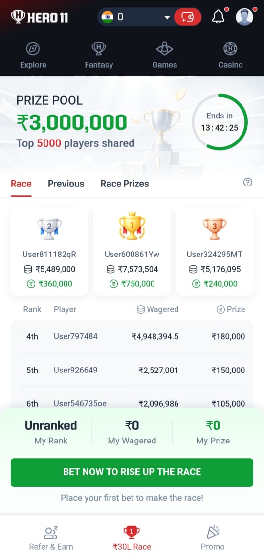 Hero11 ₹30L Race leaderboard showing prize pool, player rankings, wagered amounts, and race prizes