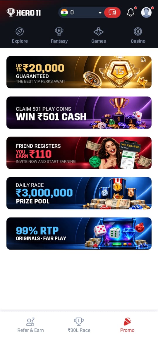 Hero11 promotional banners featuring VIP rewards, cash prizes, referral bonuses, daily race rewards, and original games