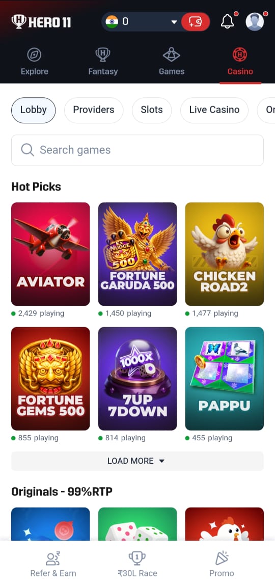 Hero11 Casino lobby showing popular slot games, Aviator, Fortune Garuda 500, Chicken Road 2, and original games